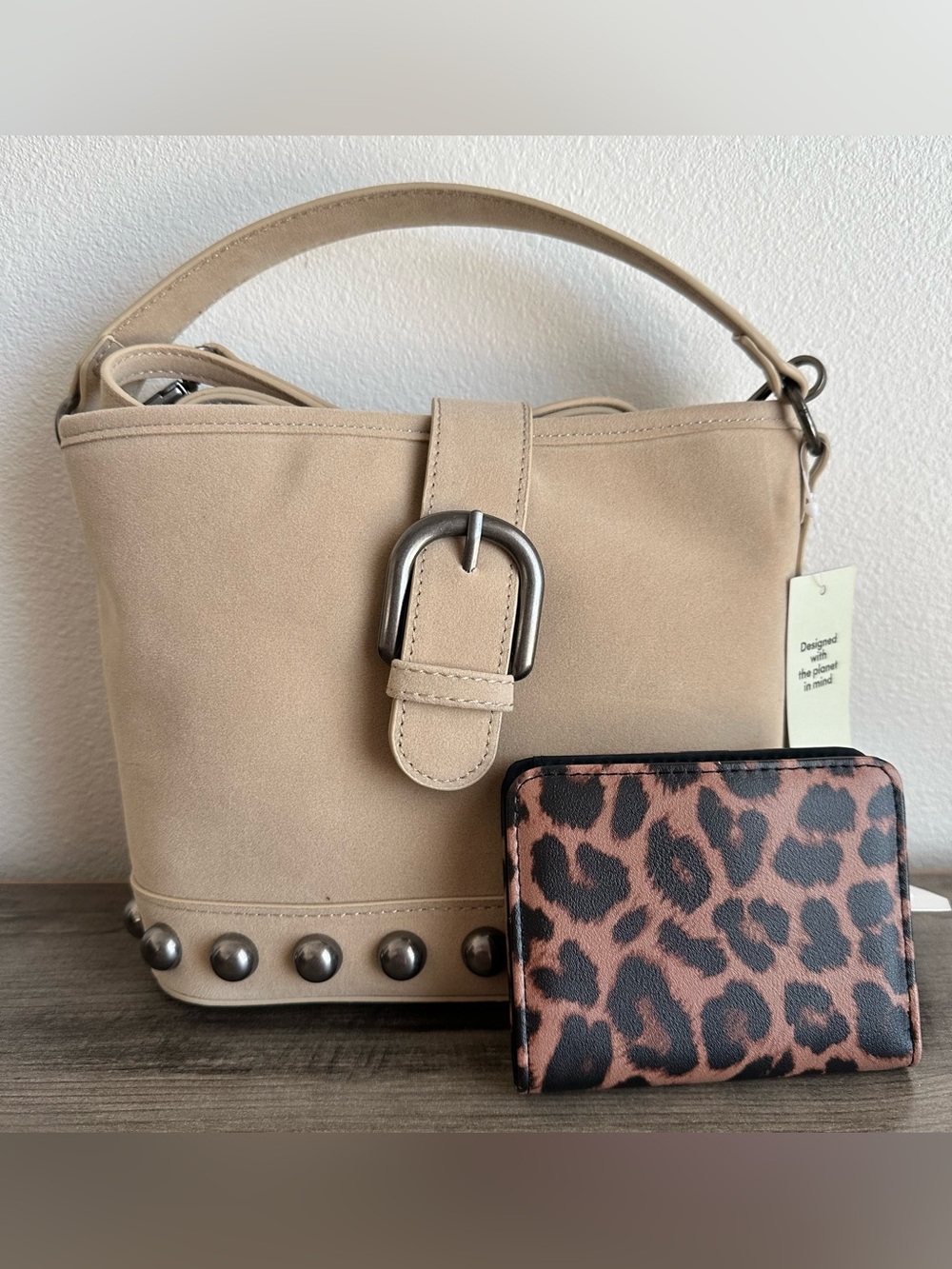 No boundaries Beige Studded Bucket Shoulder Bag with wallet Buckle Detail new